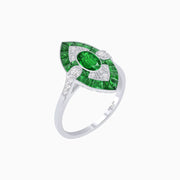 Art Deco Inspired Oval Cut Center Ring with Calibré-Cut Gemstone Navette Halo - Shahin Jewelry
